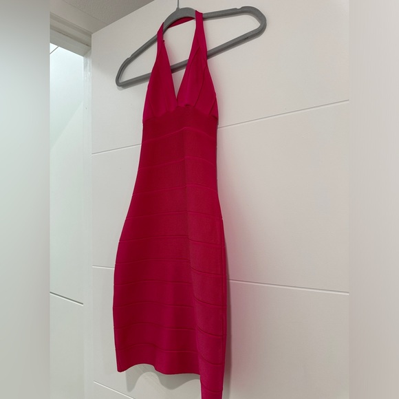 Herve Leger hot pink halter bandage mini dress formal cocktail designer luxury M - Picture 7 of 12